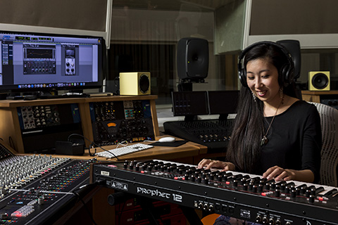 Music Engineering student working in the lab